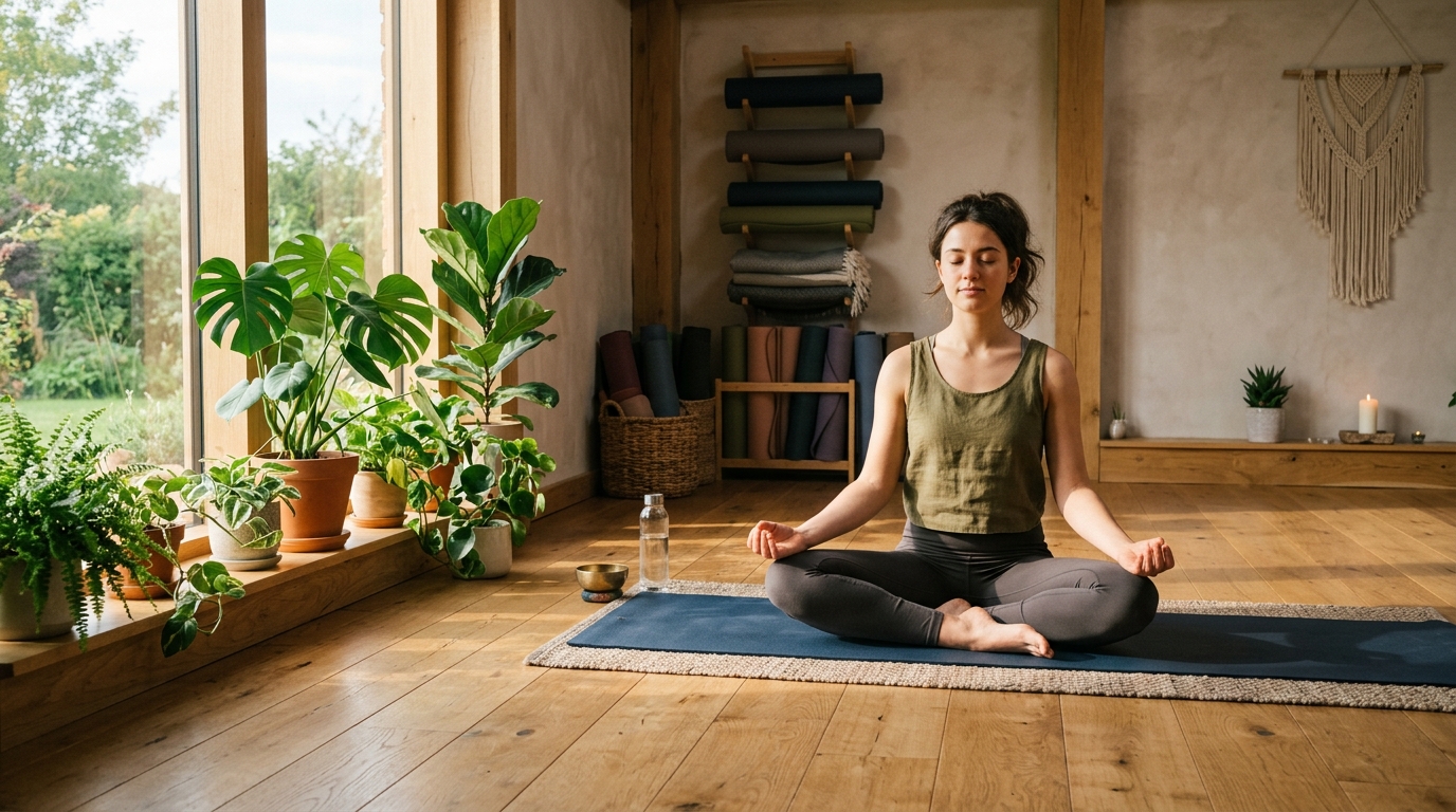 Sonnendurchflutetes Yogastudio mit ruhiger Morgenpraxis